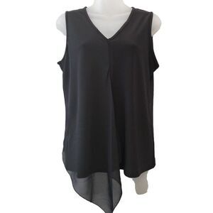 Anne Klein Layered Chiffon Blouse Top Women's XS Black‎ V-Neck Mixed-Media NEW